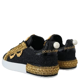Black Gold Baroque Portofino Leather Sneakers Shoes