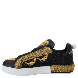 Black Gold Baroque Portofino Leather Sneakers Shoes