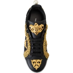 Black Gold Baroque Portofino Leather Sneakers Shoes
