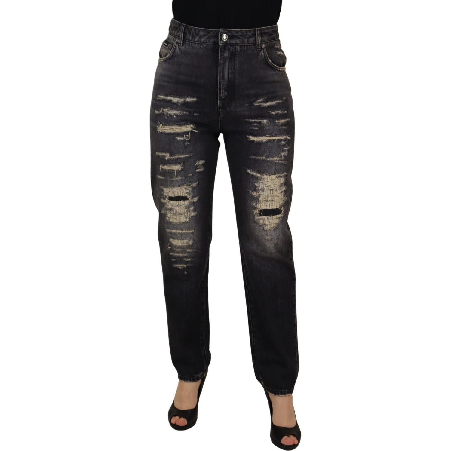 Black Washed Tattered High Waist Denim Jeans