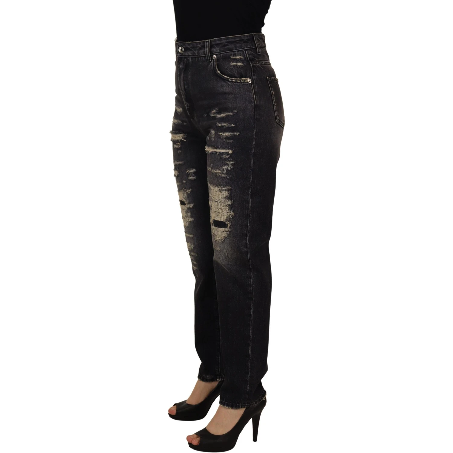 Black Washed Tattered High Waist Denim Jeans