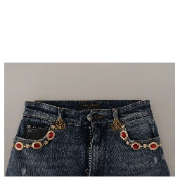 Blue Denim Crystal Embellished Pants Jeans