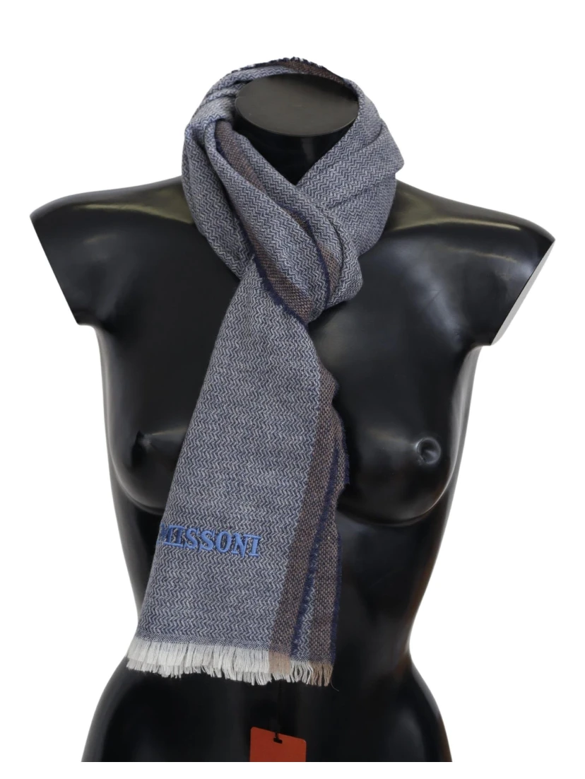 Gray Striped Wool Unisex Neck Wrap Fringes Scarf