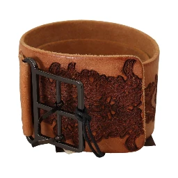 Brown Genuine Leather Black Logo Buckle Belt