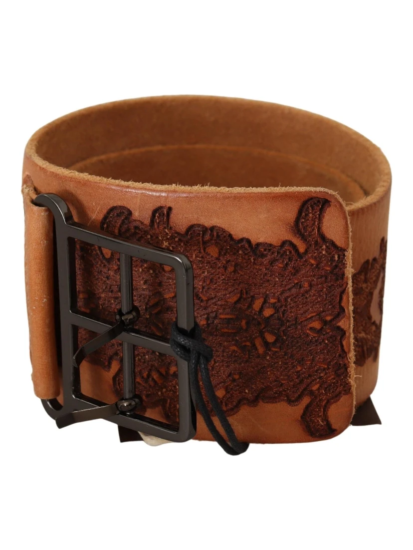 Brown Genuine Leather Black Logo Buckle Belt