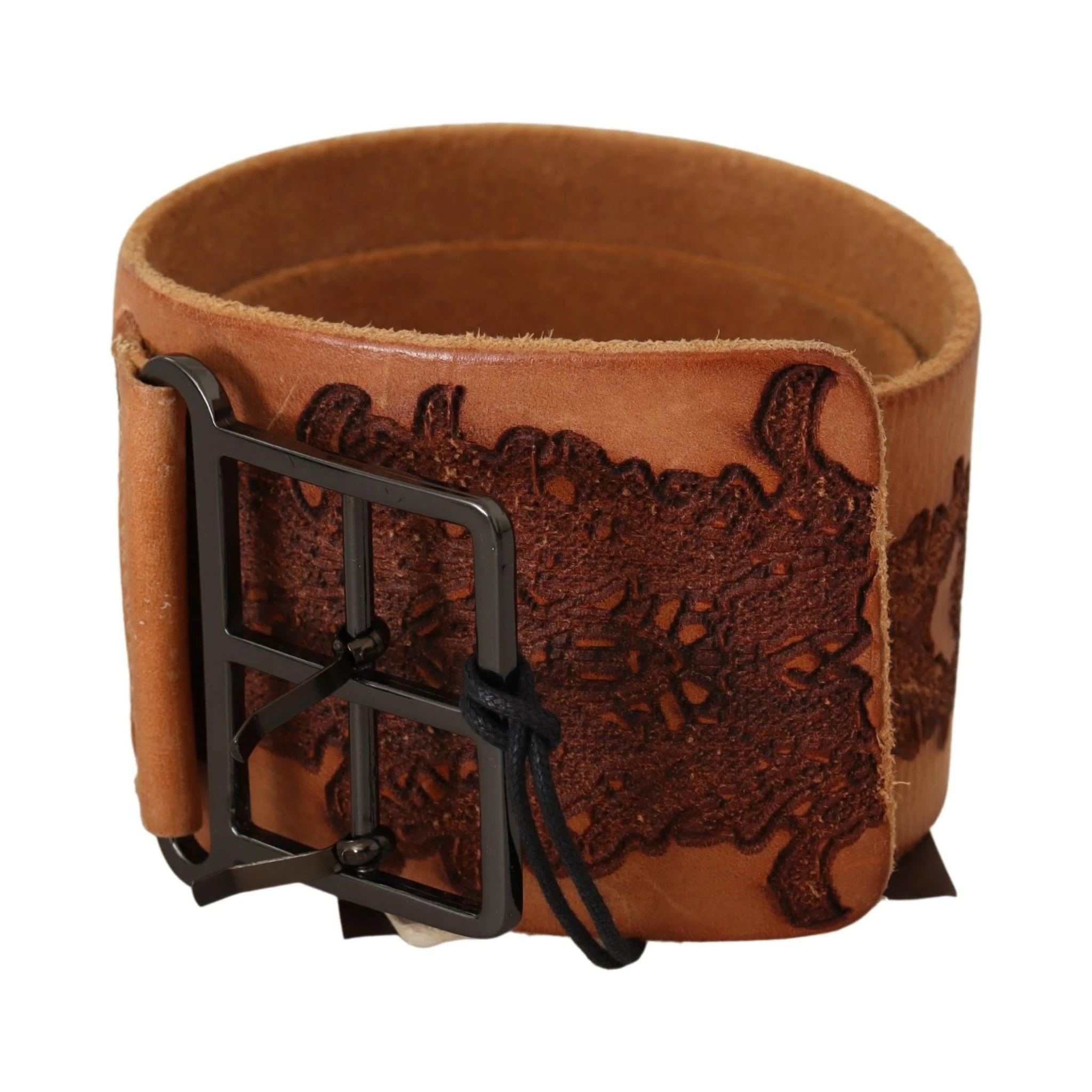 Brown Genuine Leather Black Logo Buckle Belt