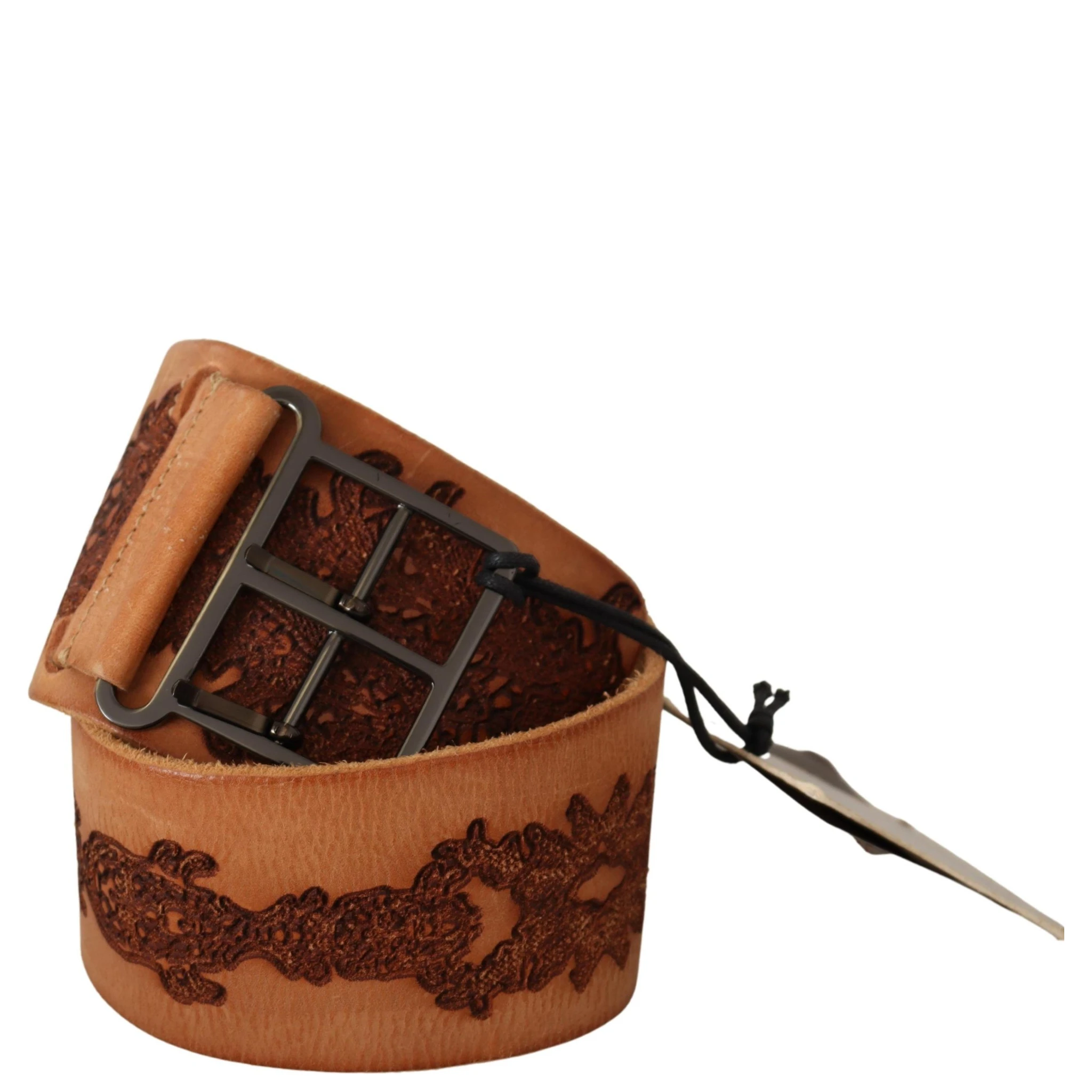 Brown Genuine Leather Black Logo Buckle Belt