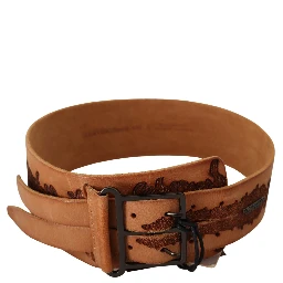 Brown Genuine Leather Black Logo Buckle Belt