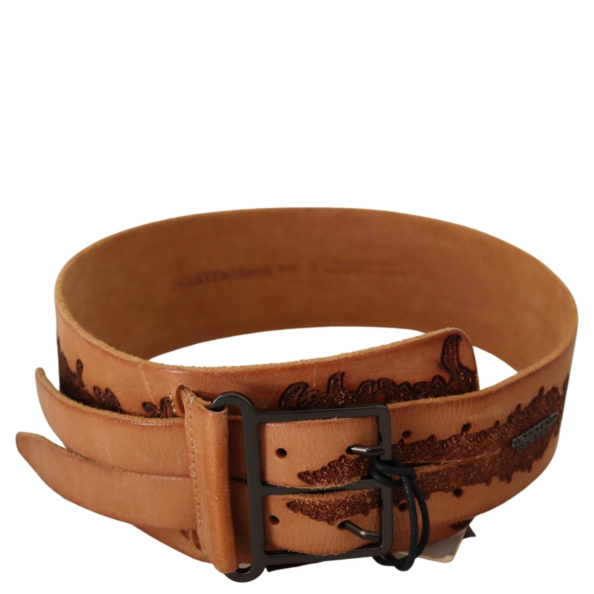 Brown Genuine Leather Black Logo Buckle Belt