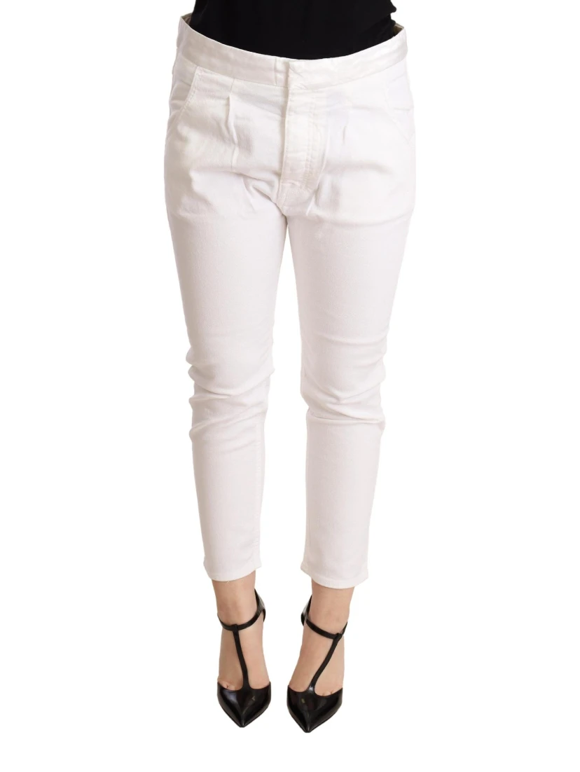 White Mid Waist Slim Fit Skinny Cotton Stretch Trouser
