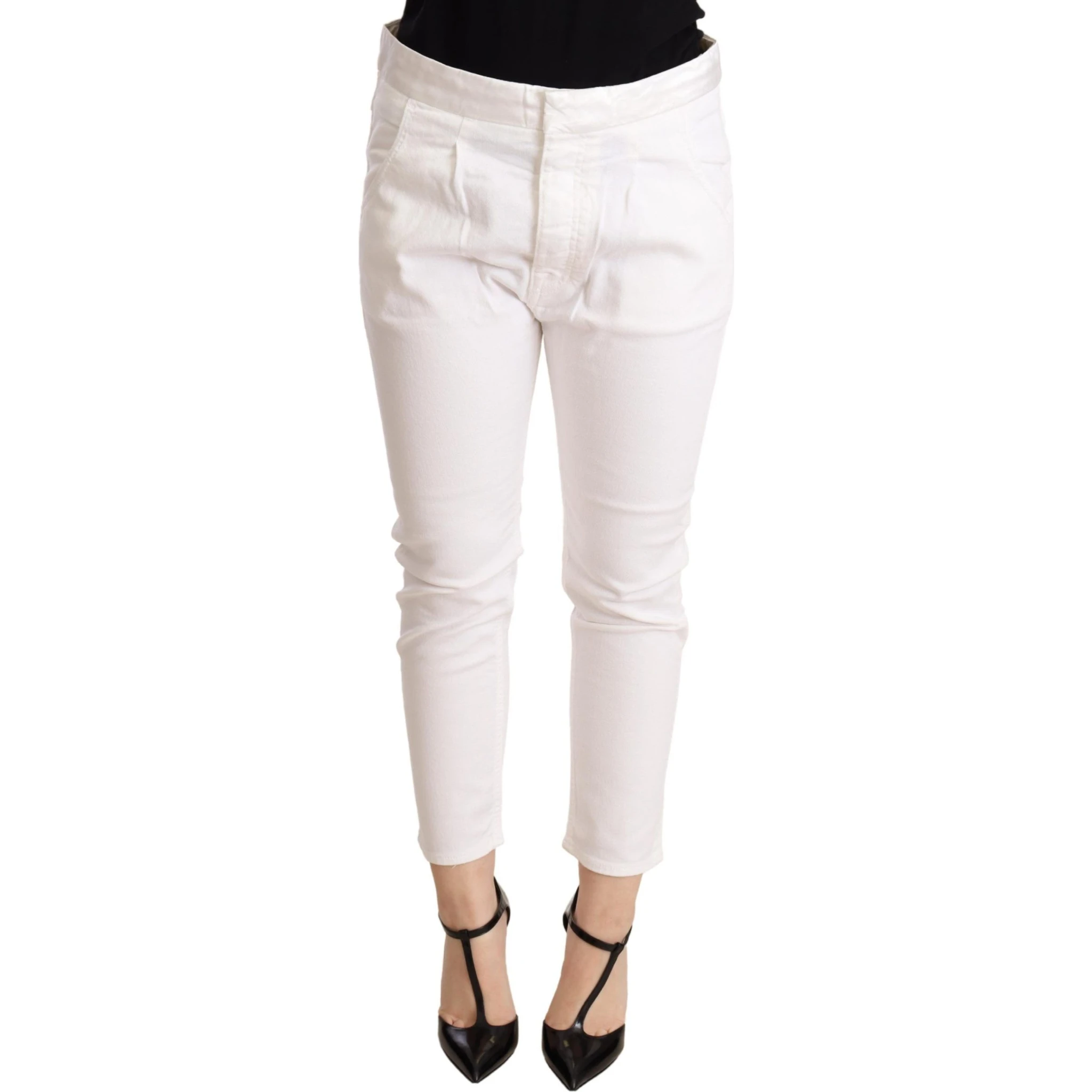 White Mid Waist Slim Fit Skinny Cotton Stretch Trouser