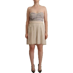 Beige Checkered Pleated A-line Strapless Bustier Dress