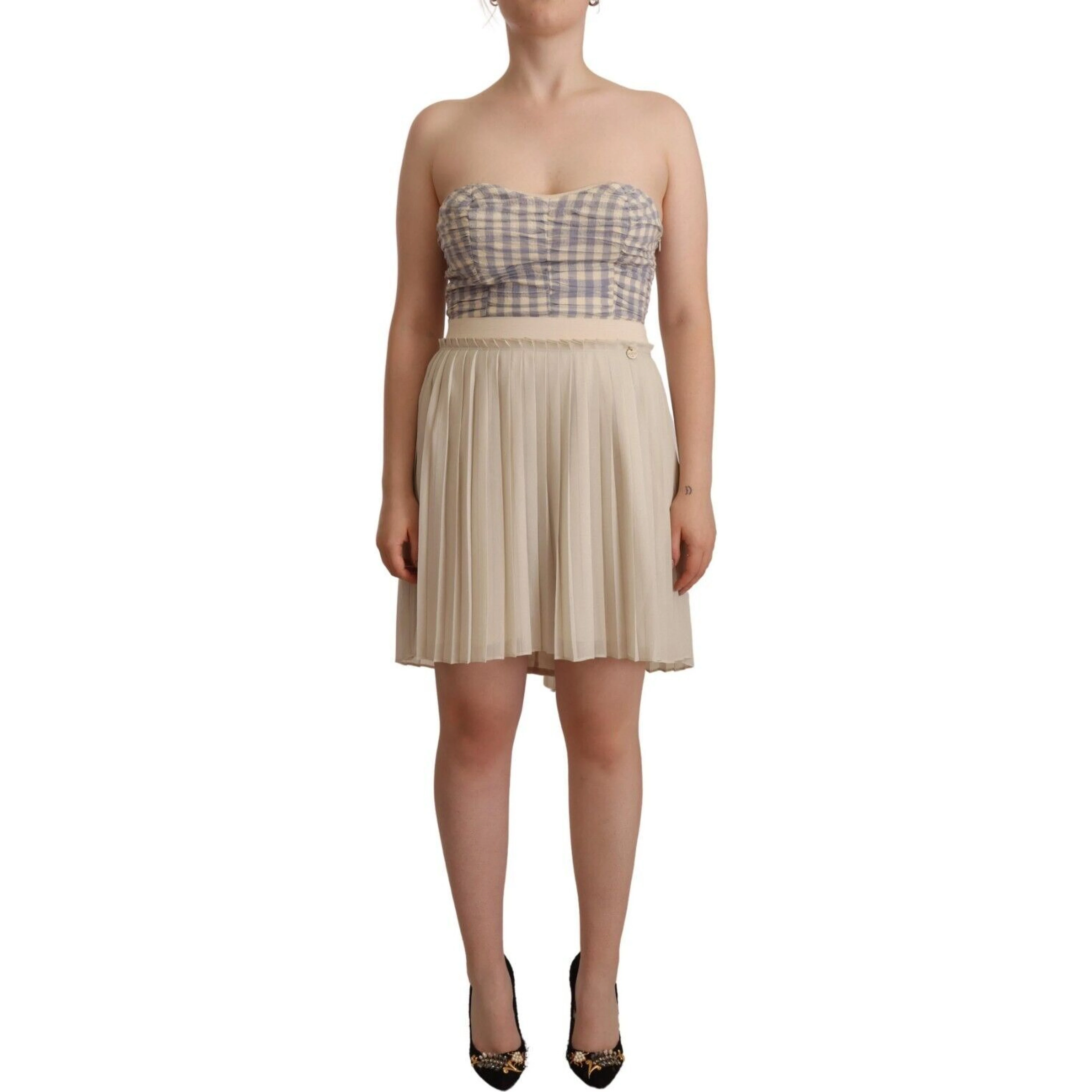 Beige Checkered Pleated A-line Strapless Bustier Dress
