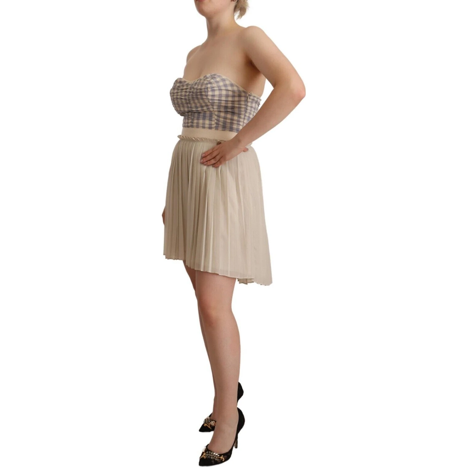Beige Checkered Pleated A-line Strapless Bustier Dress
