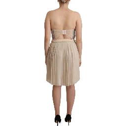 Beige Checkered Pleated A-line Strapless Bustier Dress