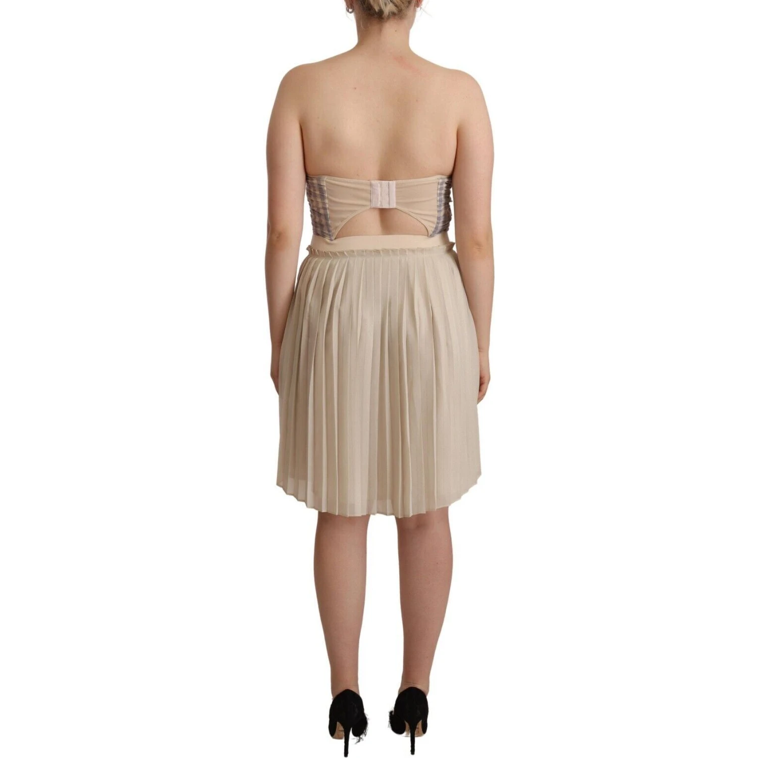Beige Checkered Pleated A-line Strapless Bustier Dress