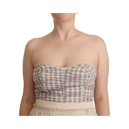 Beige Checkered Pleated A-line Strapless Bustier Dress