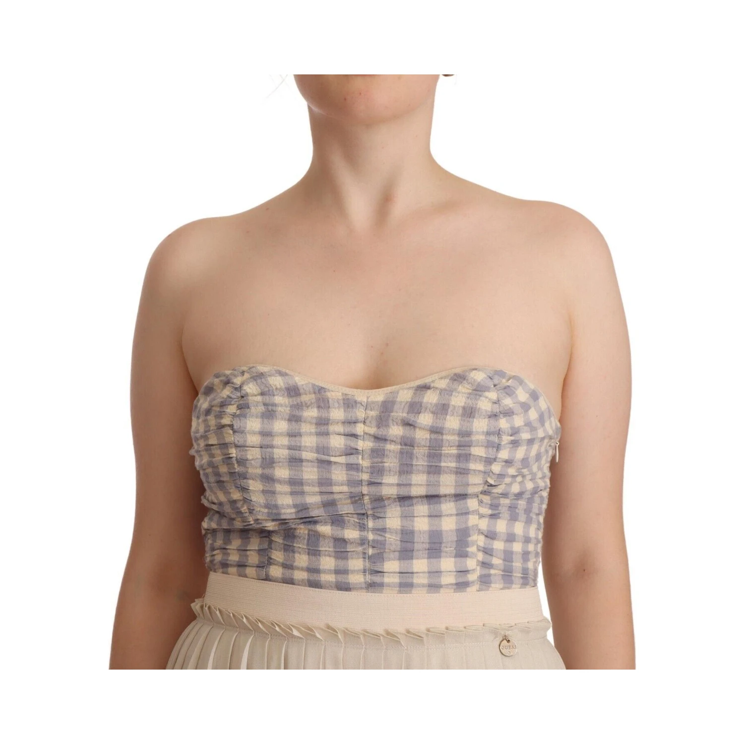 Beige Checkered Pleated A-line Strapless Bustier Dress