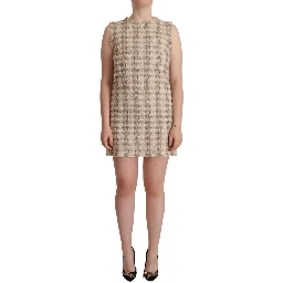 Beige Checkered Sleeveless Mini Shift Dress