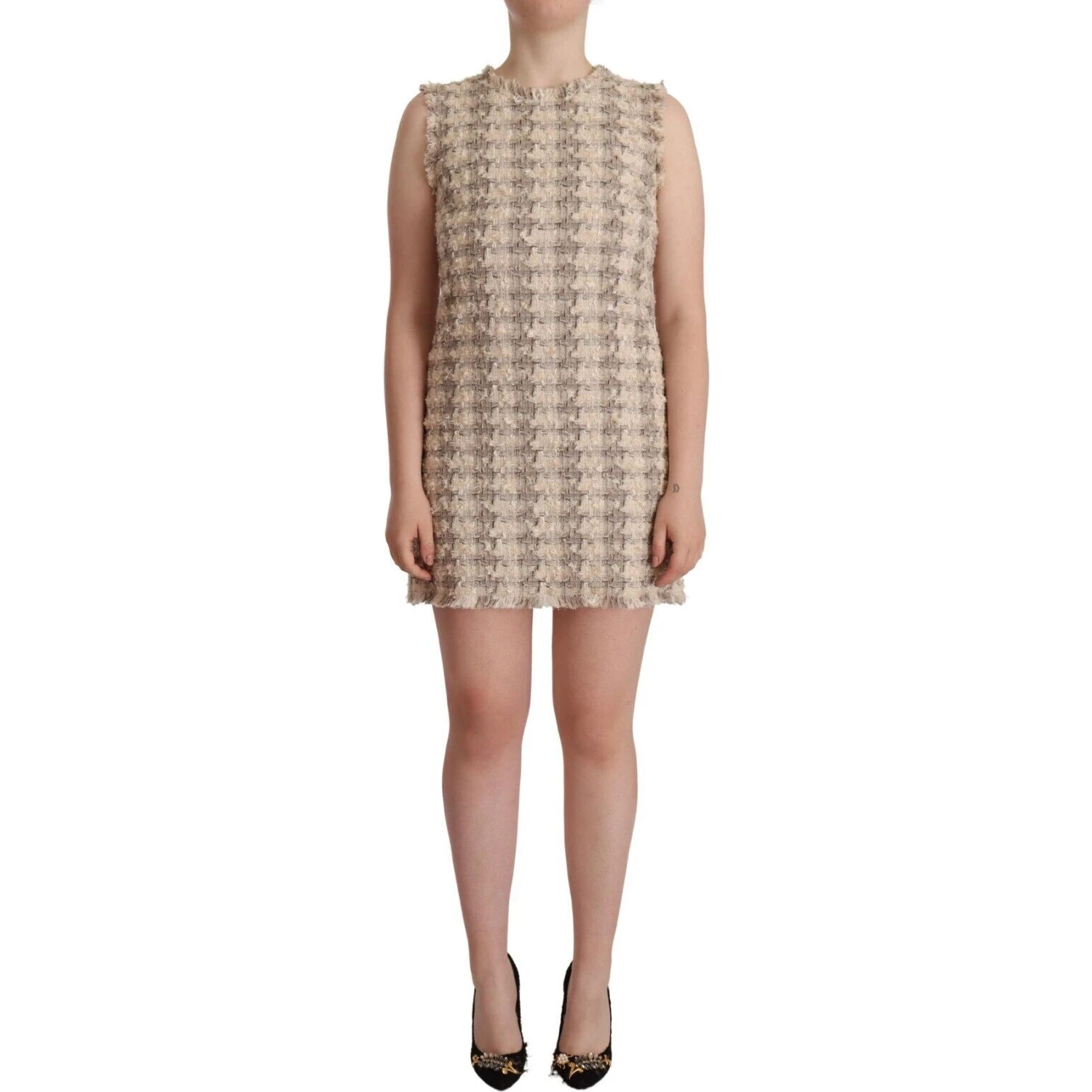 Beige Checkered Sleeveless Mini Shift Dress