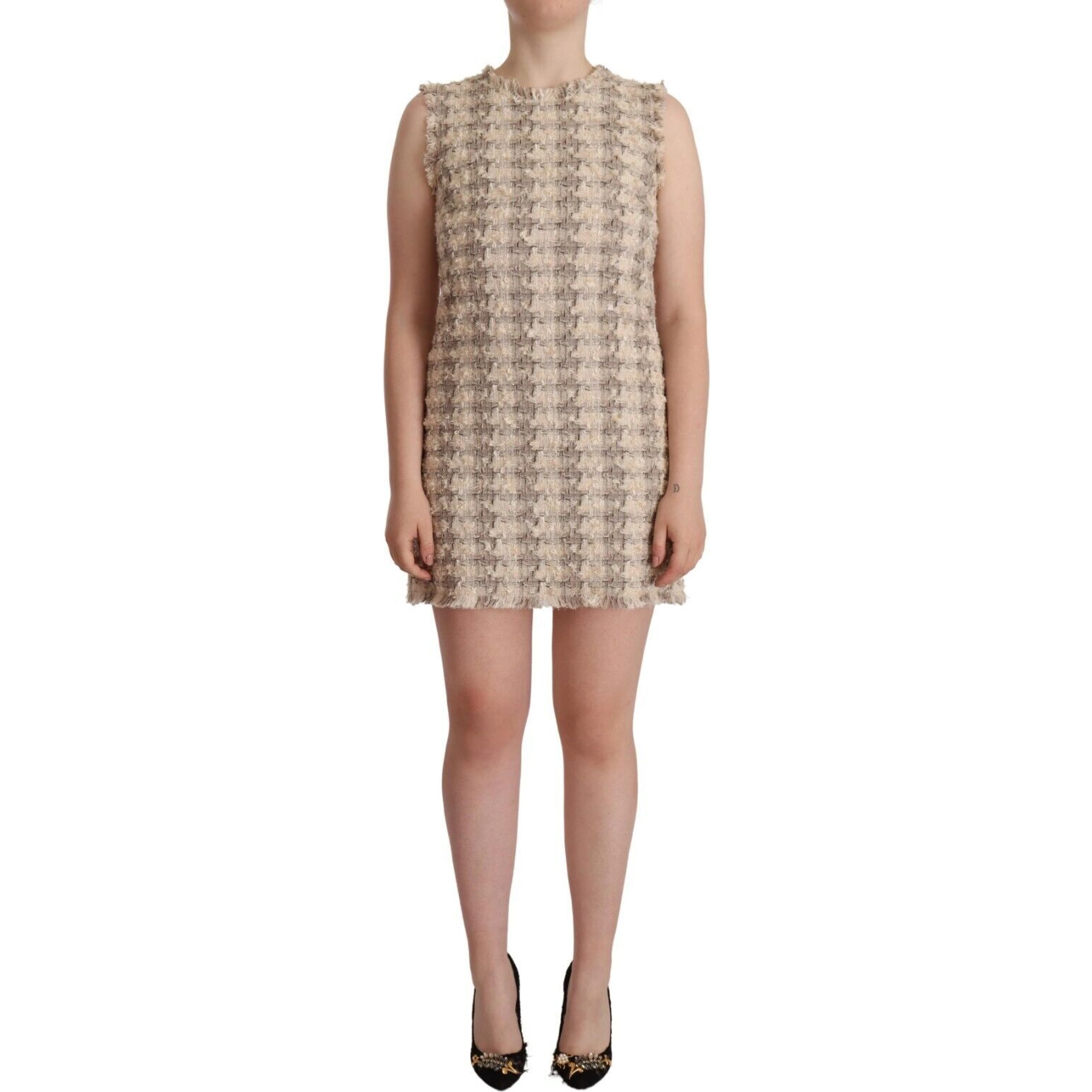 Beige Checkered Sleeveless Mini Shift Dress