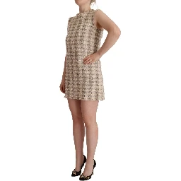 Beige Checkered Sleeveless Mini Shift Dress