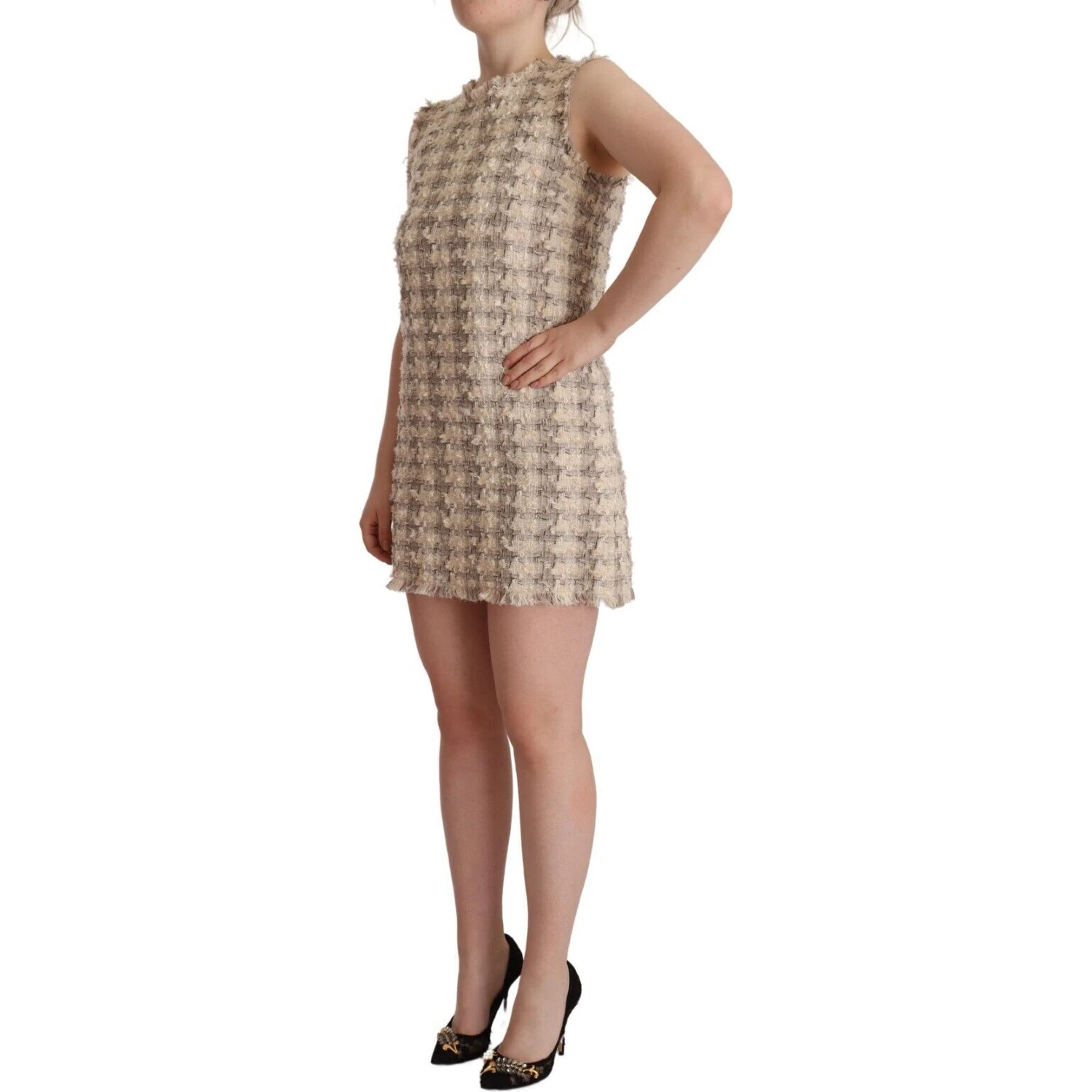 Beige Checkered Sleeveless Mini Shift Dress
