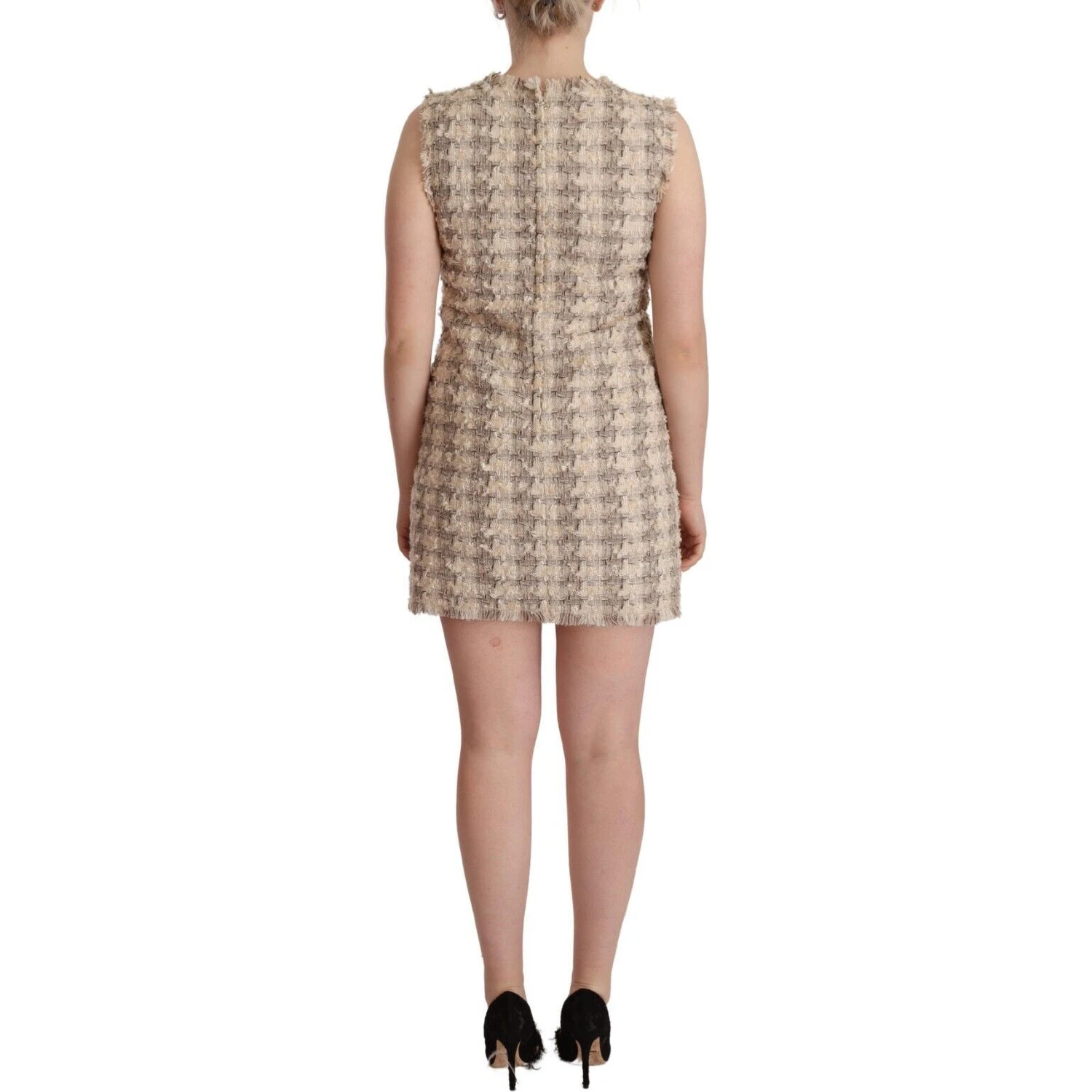Beige Checkered Sleeveless Mini Shift Dress