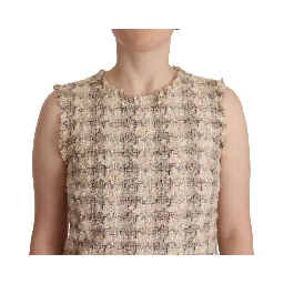 Beige Checkered Sleeveless Mini Shift Dress