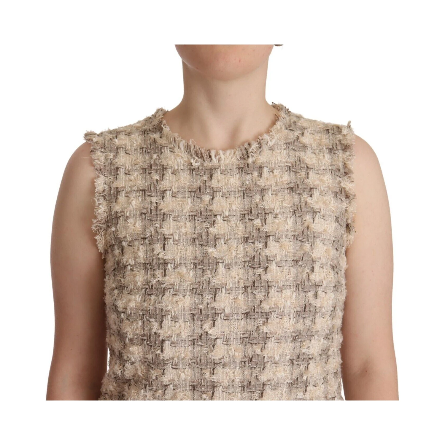 Beige Checkered Sleeveless Mini Shift Dress