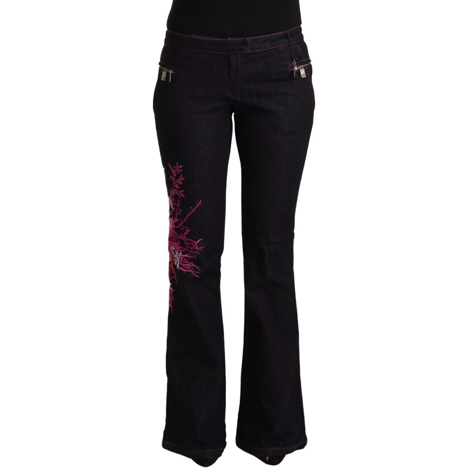 Black Cotton Stretch Mid Waist Cotton Flared Denim Jeans