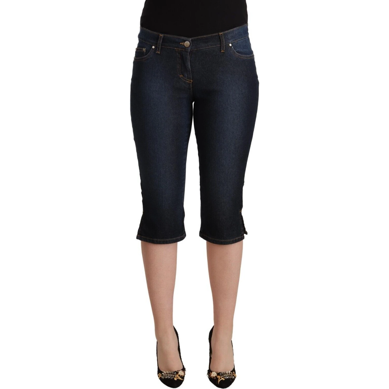 Blue Cotton Stretch Low Waist Slim Capri Denim Jeans