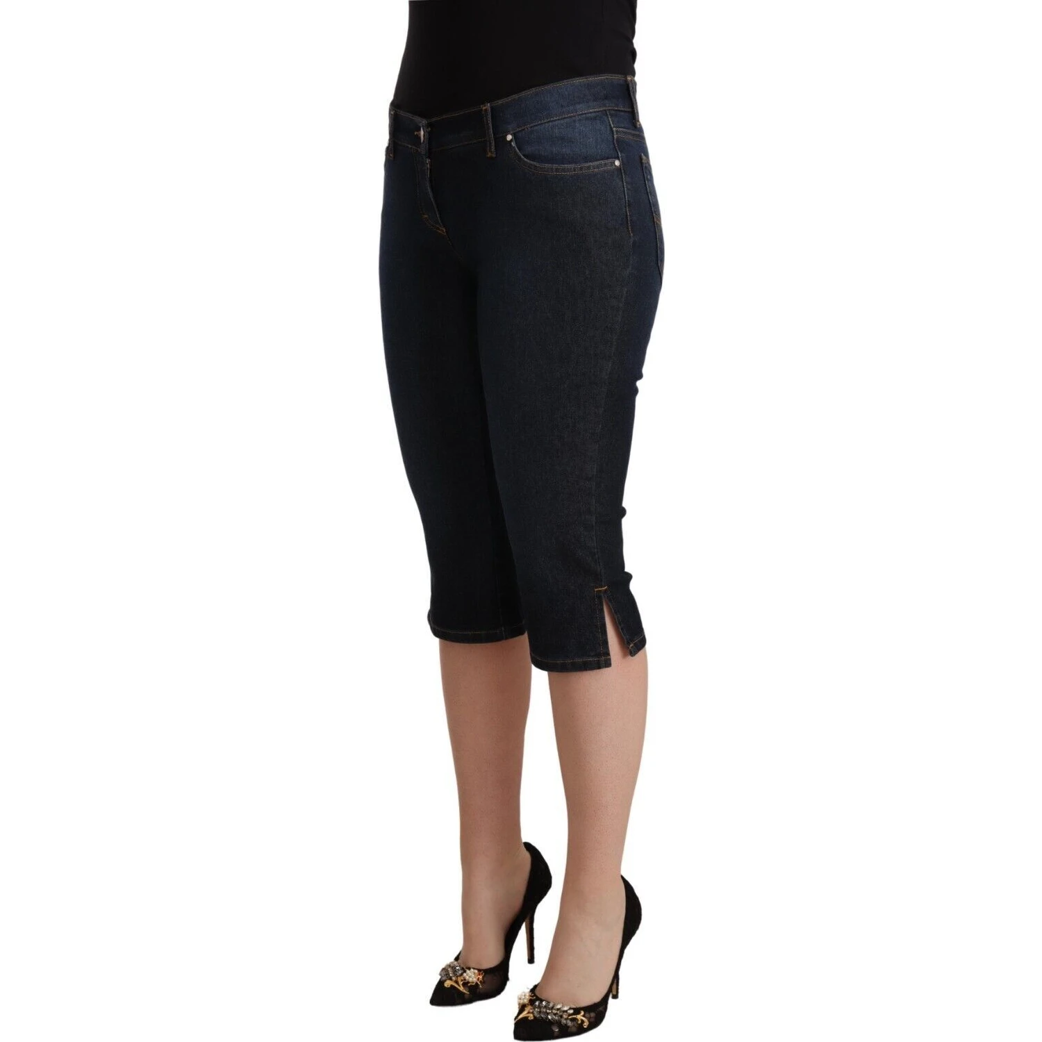 Blue Cotton Stretch Low Waist Slim Capri Denim Jeans