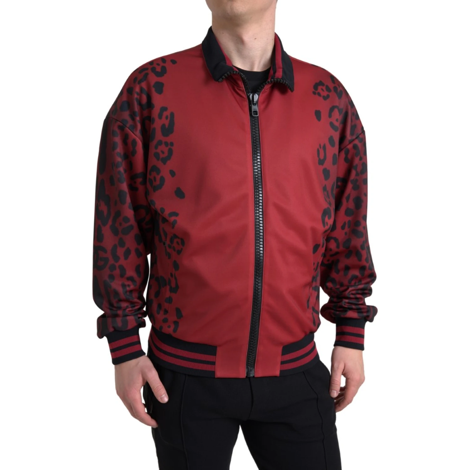 Red Leopard Polyester Bomber Full Zip Jacket