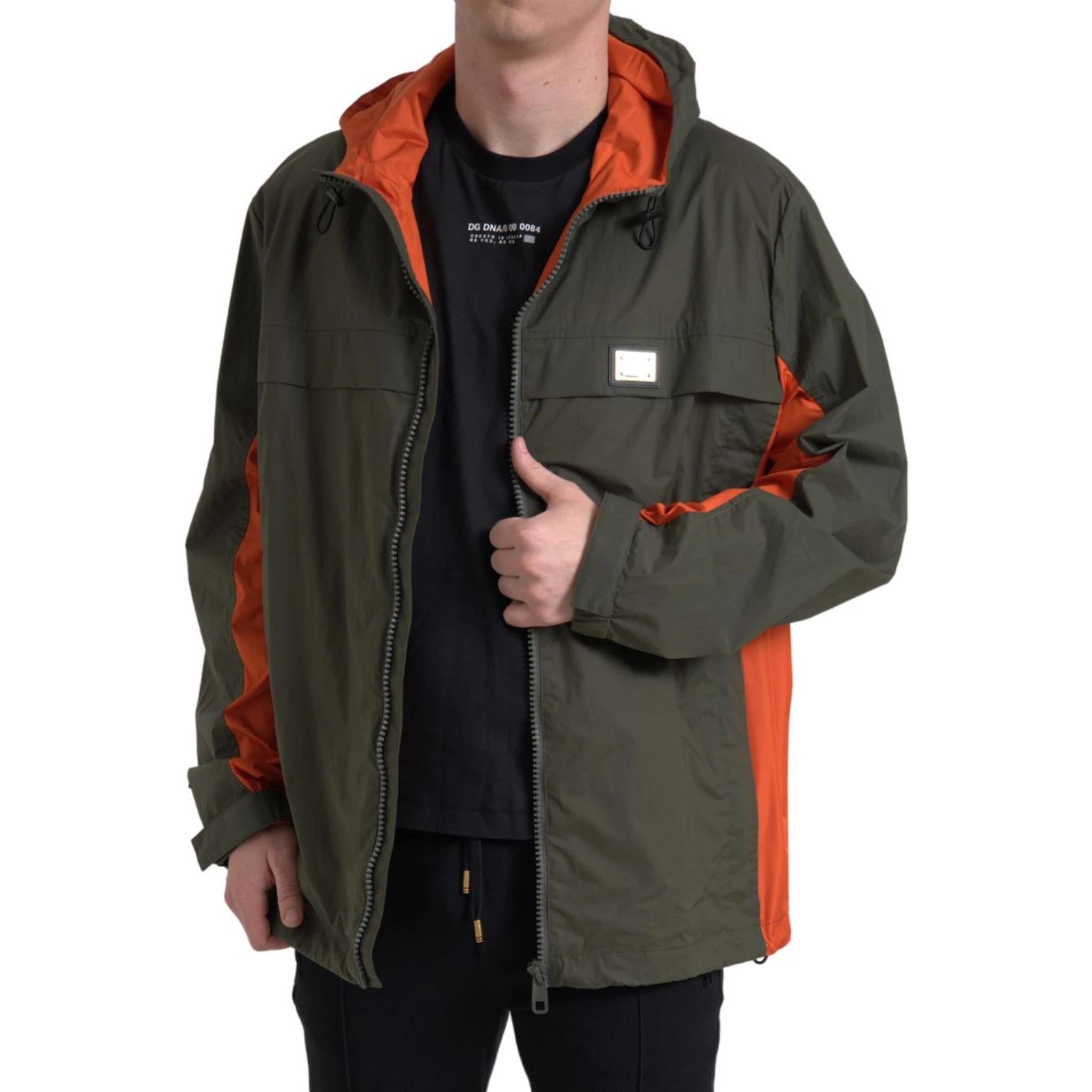 Green Orange Hooded Cotton Full Zip Jacket