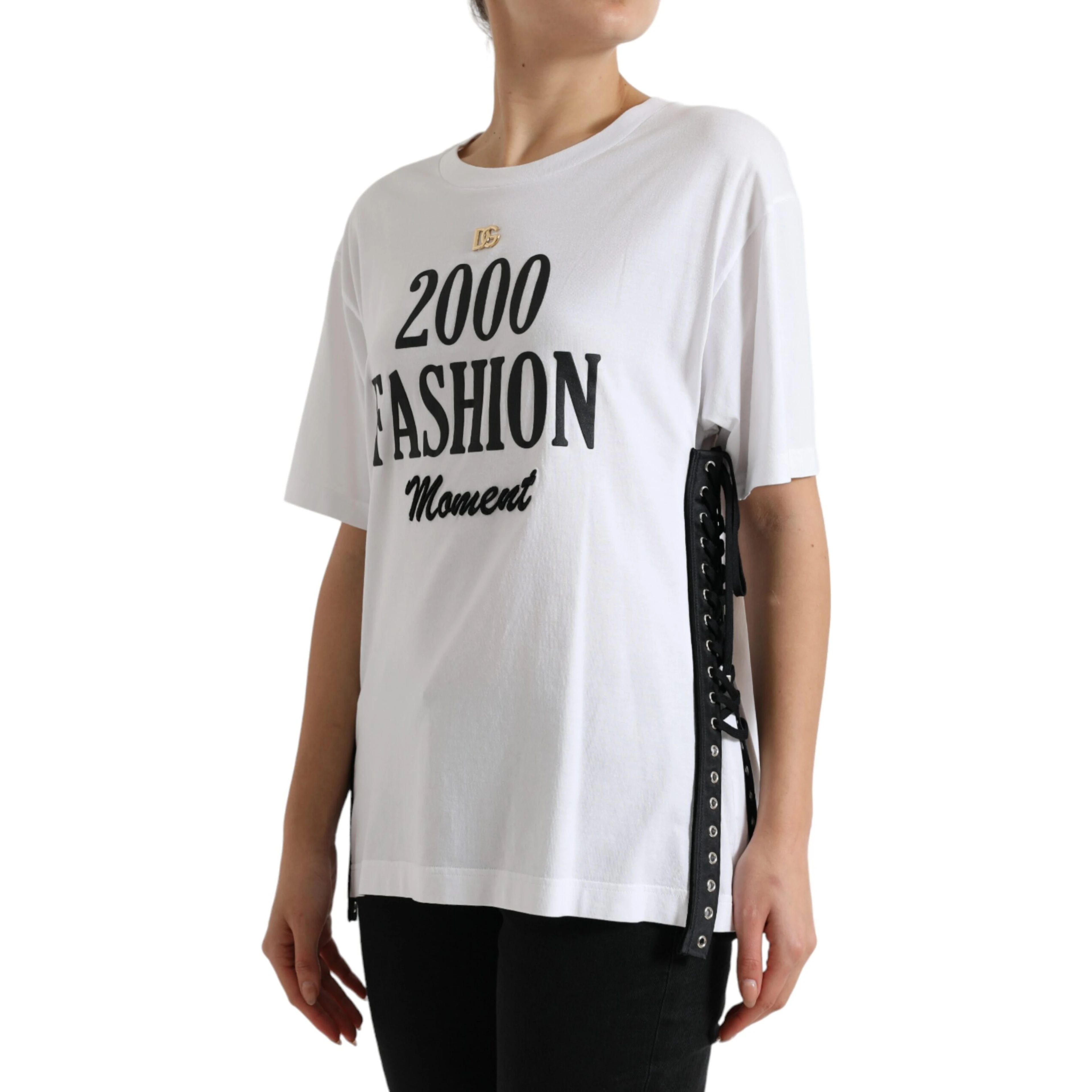 White Slogan Print Lacing Detailed T-shirt