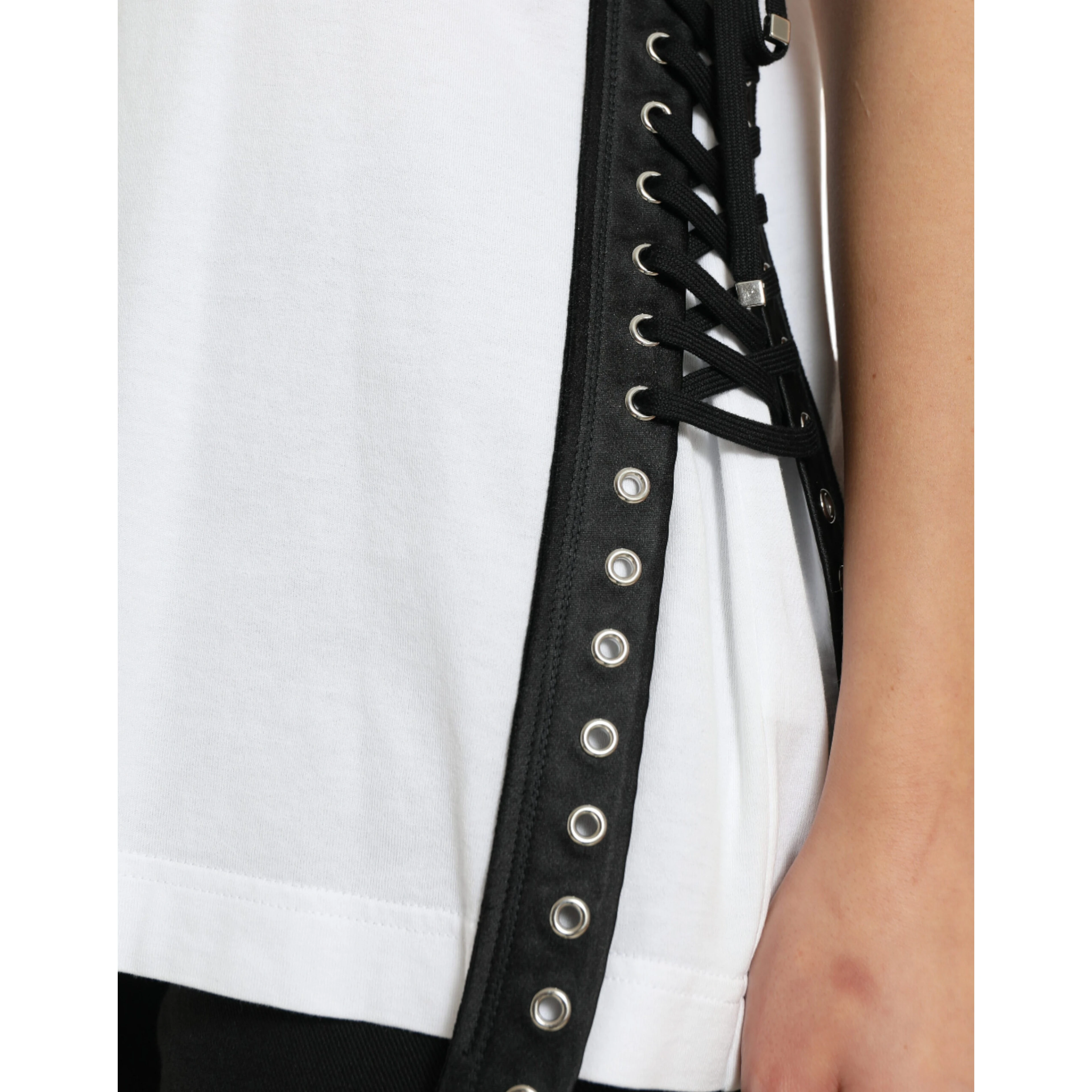 White Slogan Print Lacing Detailed T-shirt