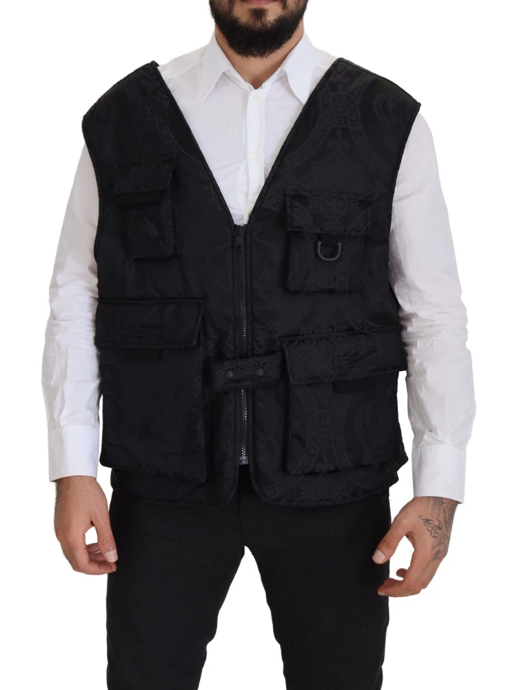 Black Nylon Full Zip Sleeveless Jacket