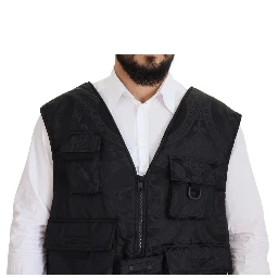 Black Nylon Full Zip Sleeveless Jacket