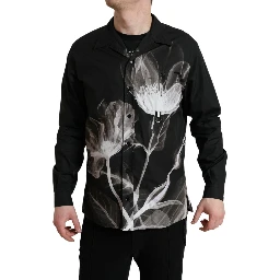 Black Floral Cotton Collared Long Sleeves Men Shirt