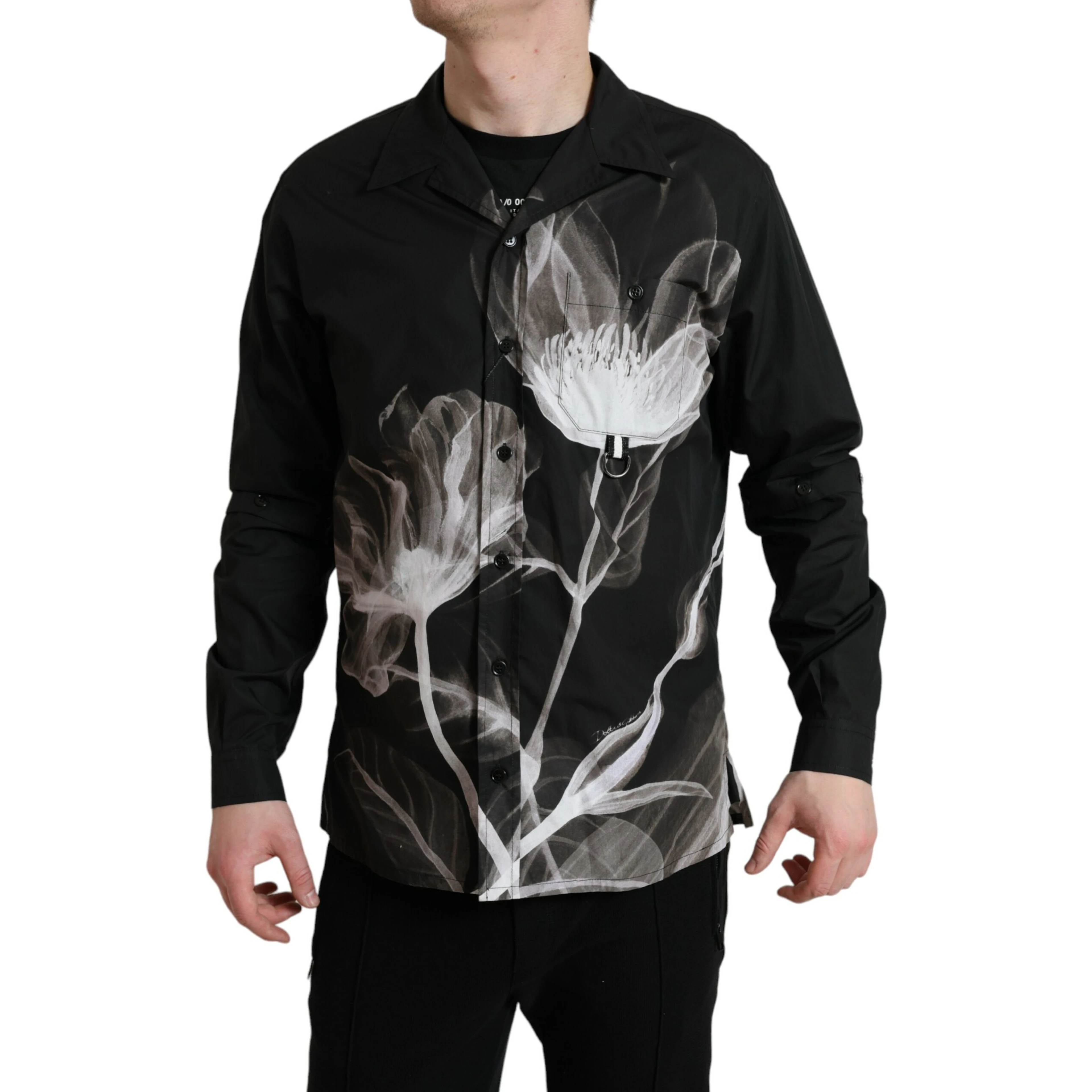 Black Floral Cotton Collared Long Sleeves Men Shirt