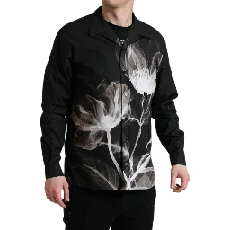Black Floral Cotton Collared Long Sleeves Men Shirt