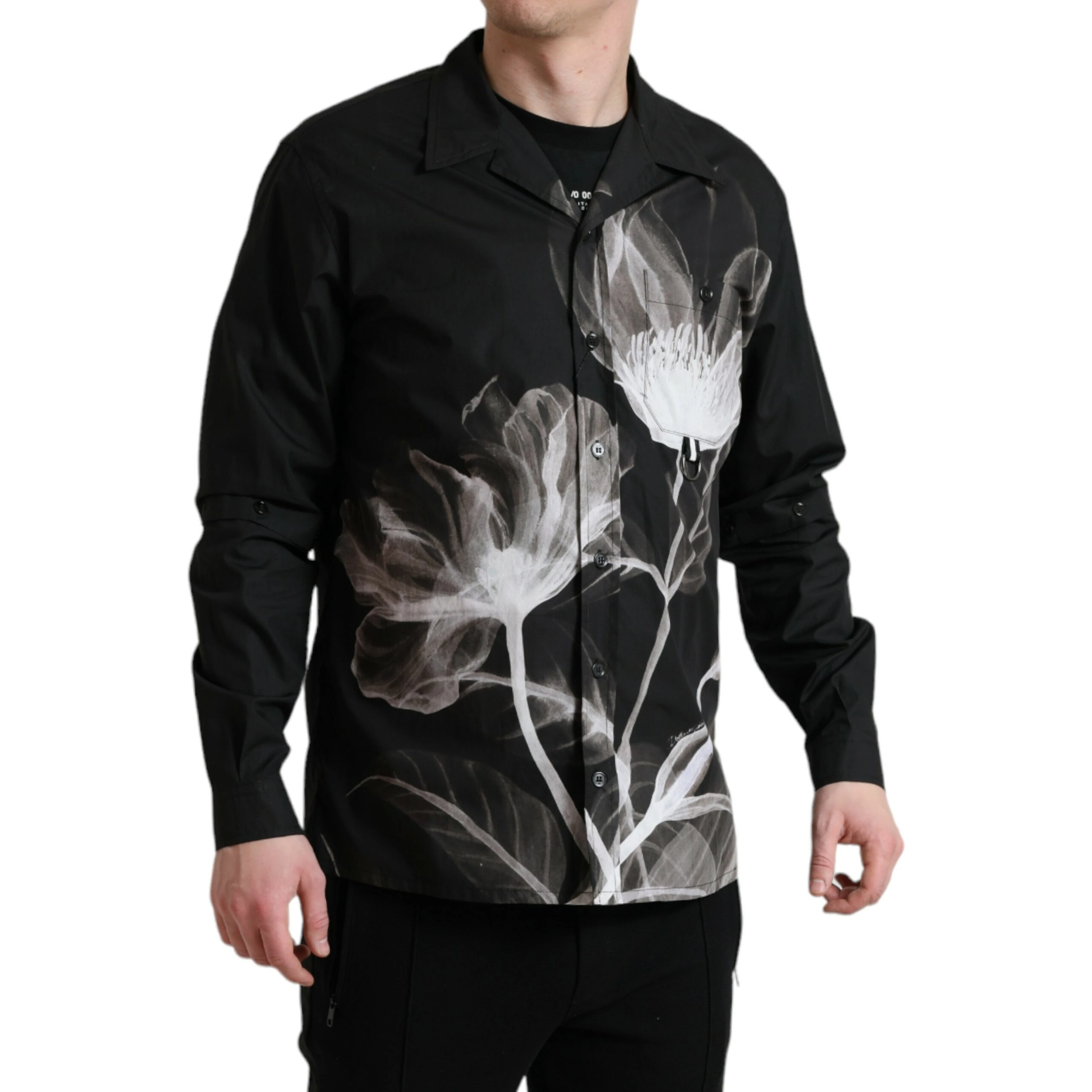 Black Floral Cotton Collared Long Sleeves Men Shirt
