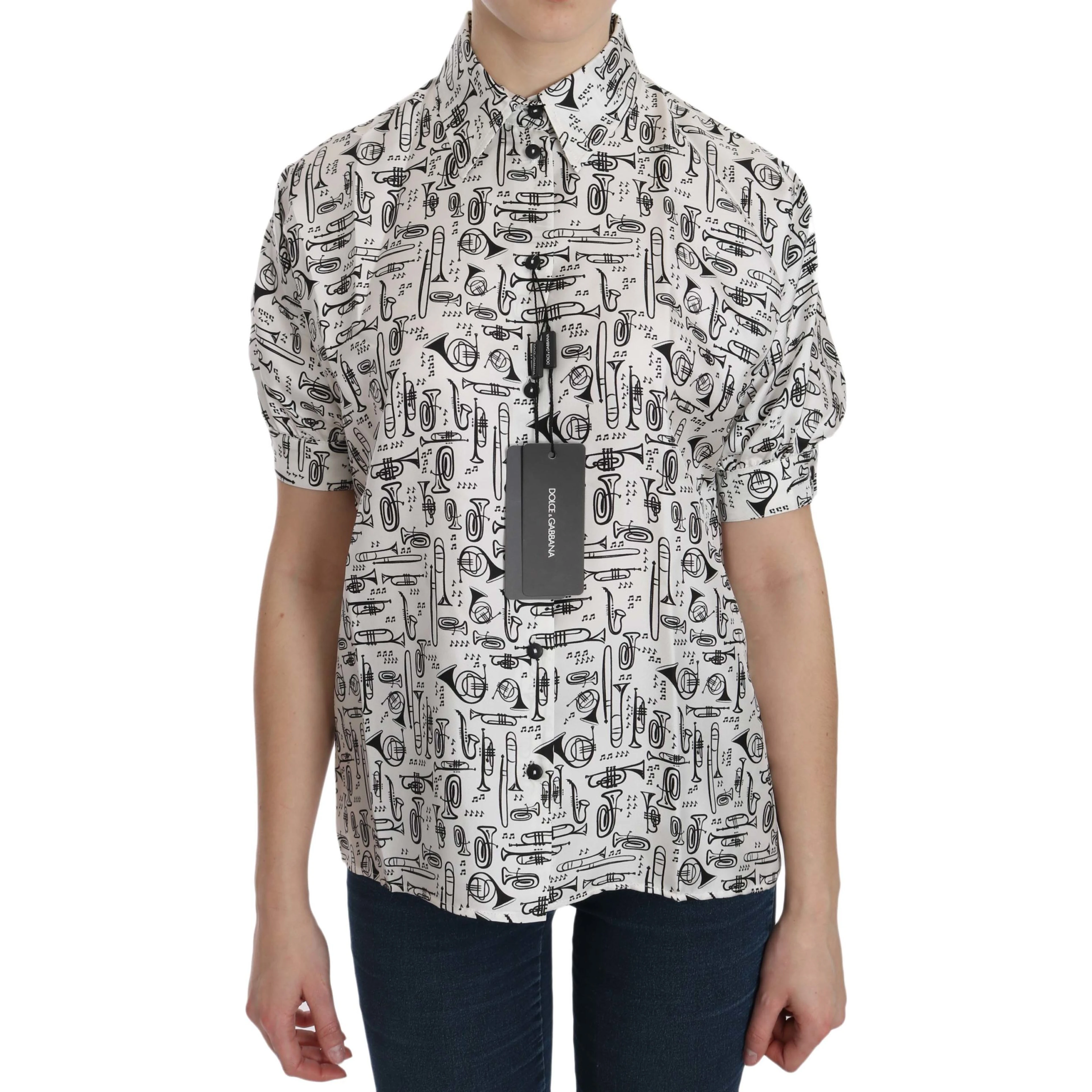White Musical Instrument Collared Blouse Shirt