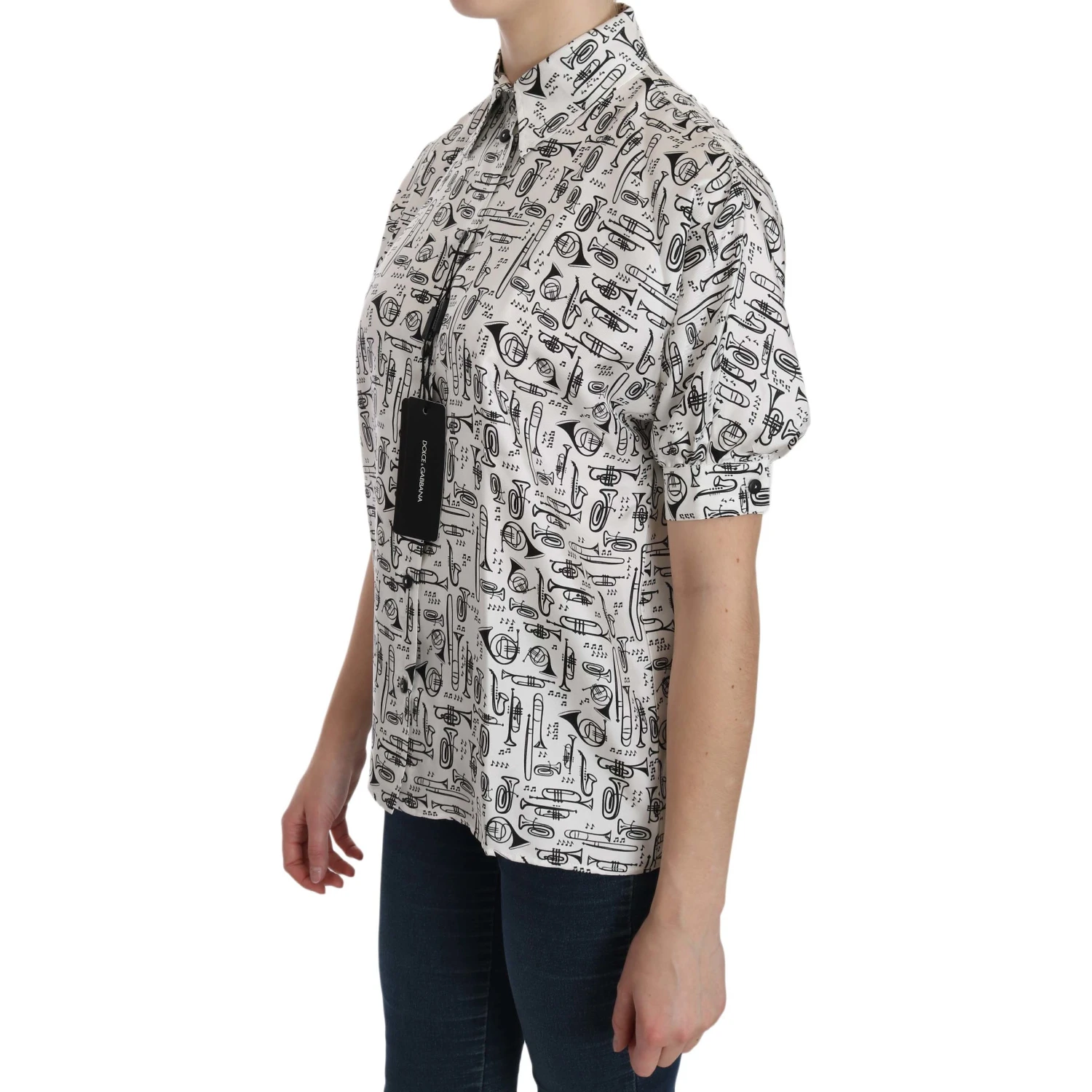 White Musical Instrument Collared Blouse  Shirt