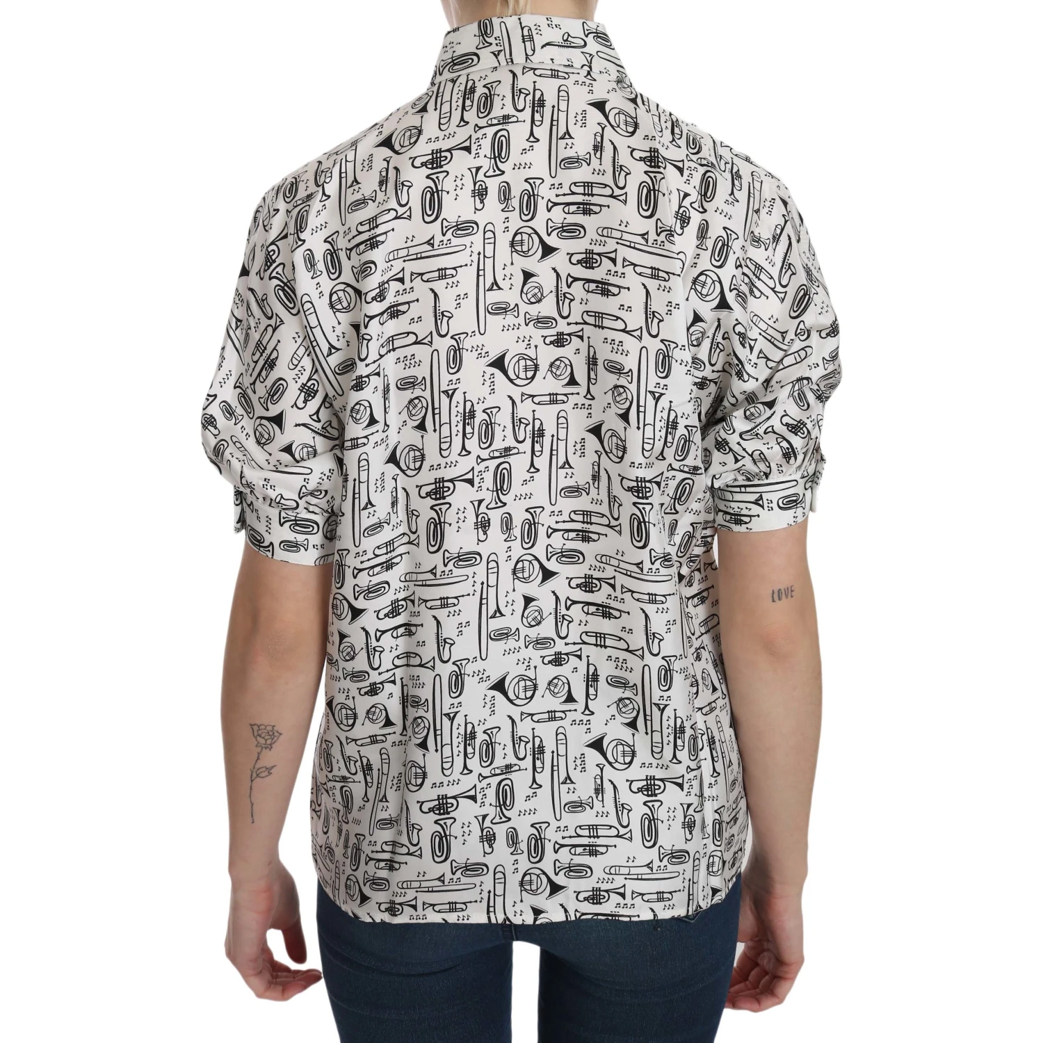 White Musical Instrument Collared Blouse  Shirt