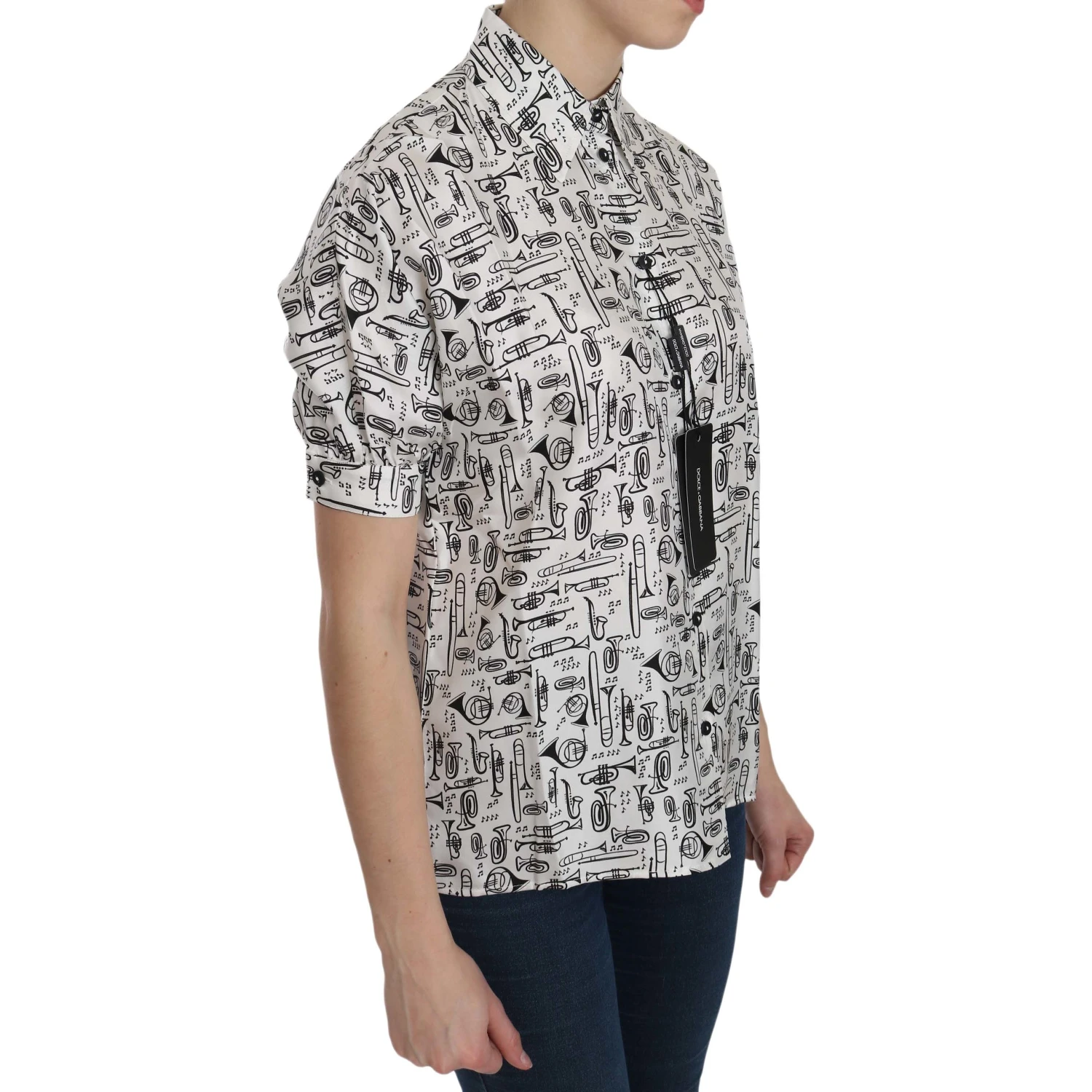 White Musical Instrument Collared Blouse  Shirt