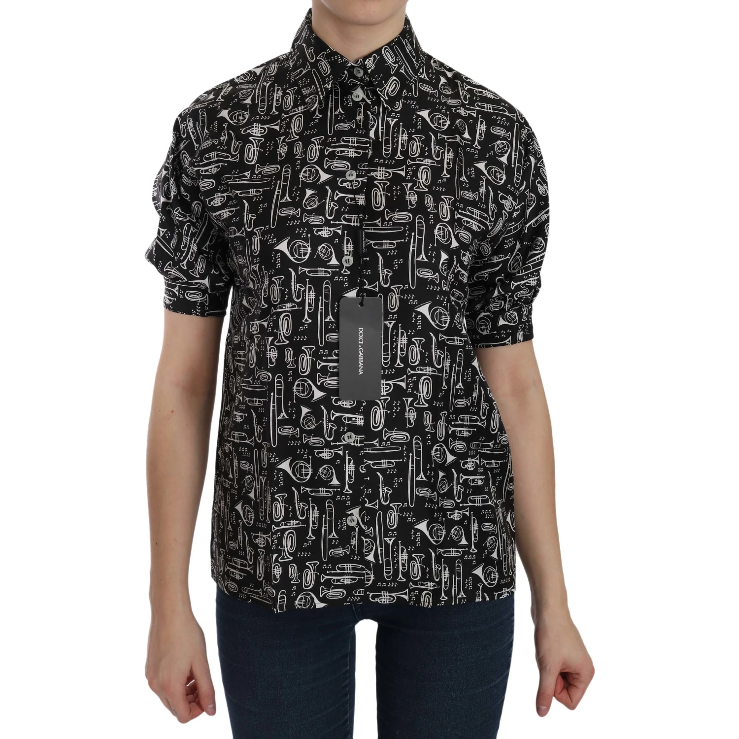 Black Musical Instrument Collared Blouse Shirt