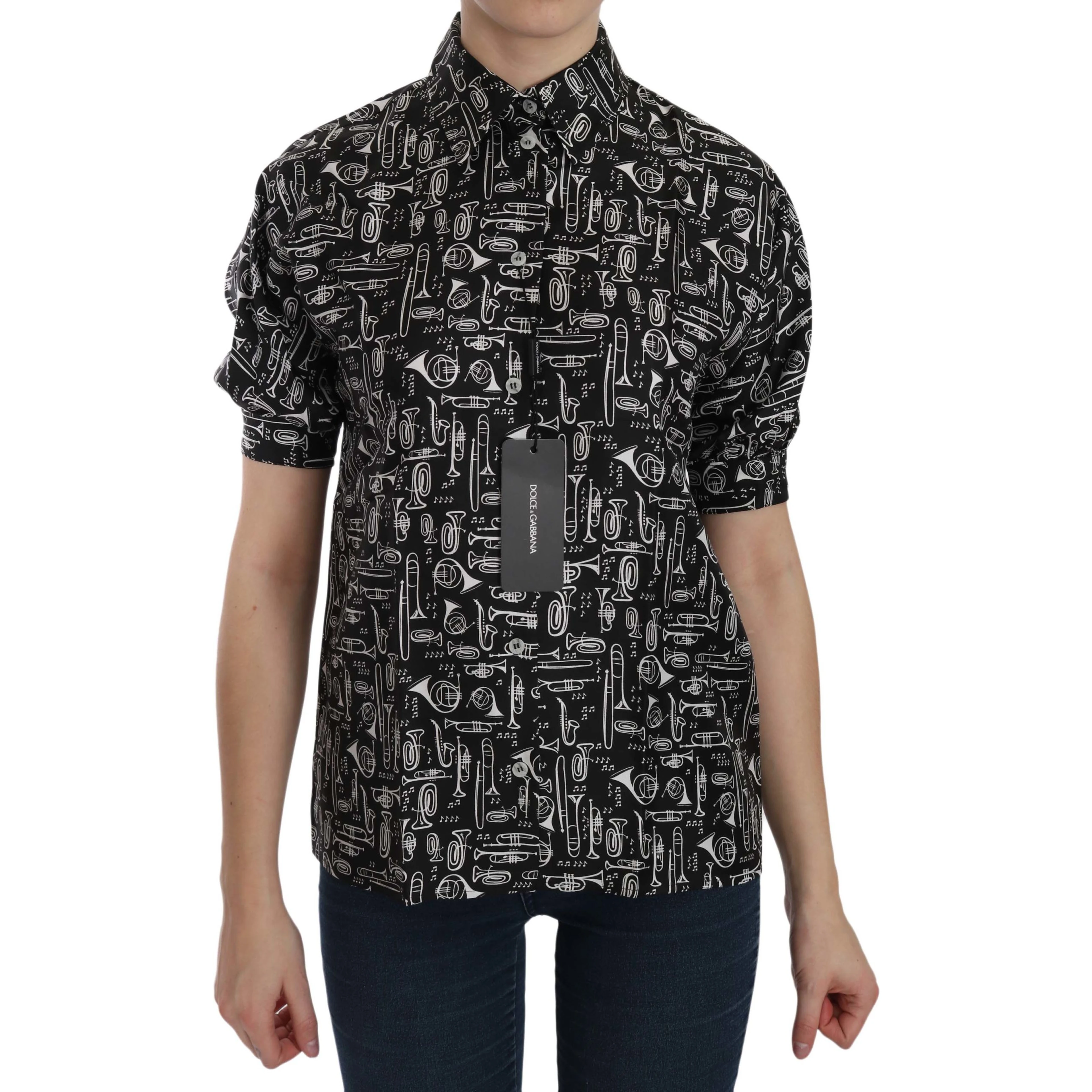 Black Musical Instrument Collared Blouse Shirt
