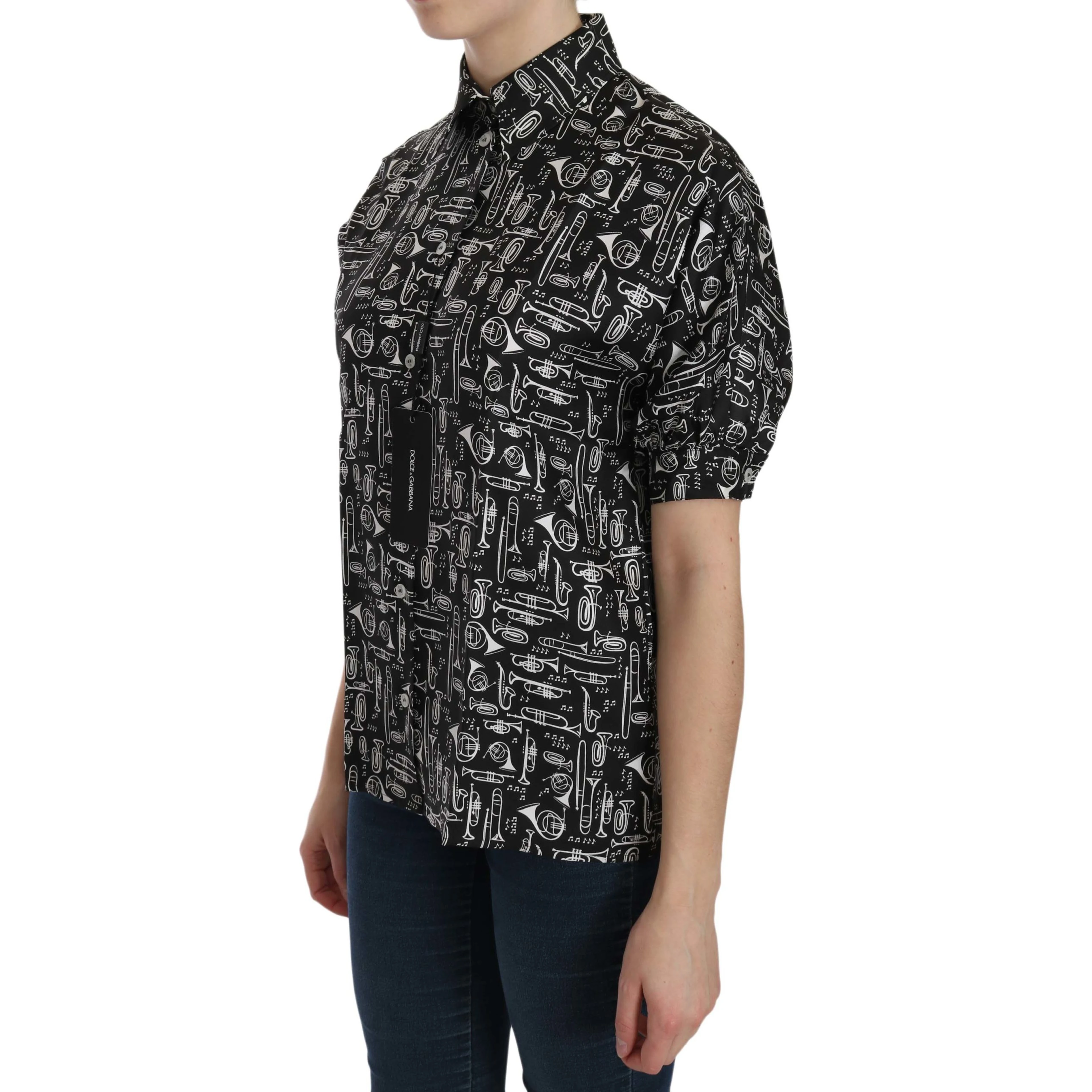 Black Musical Instrument Collared Blouse Shirt